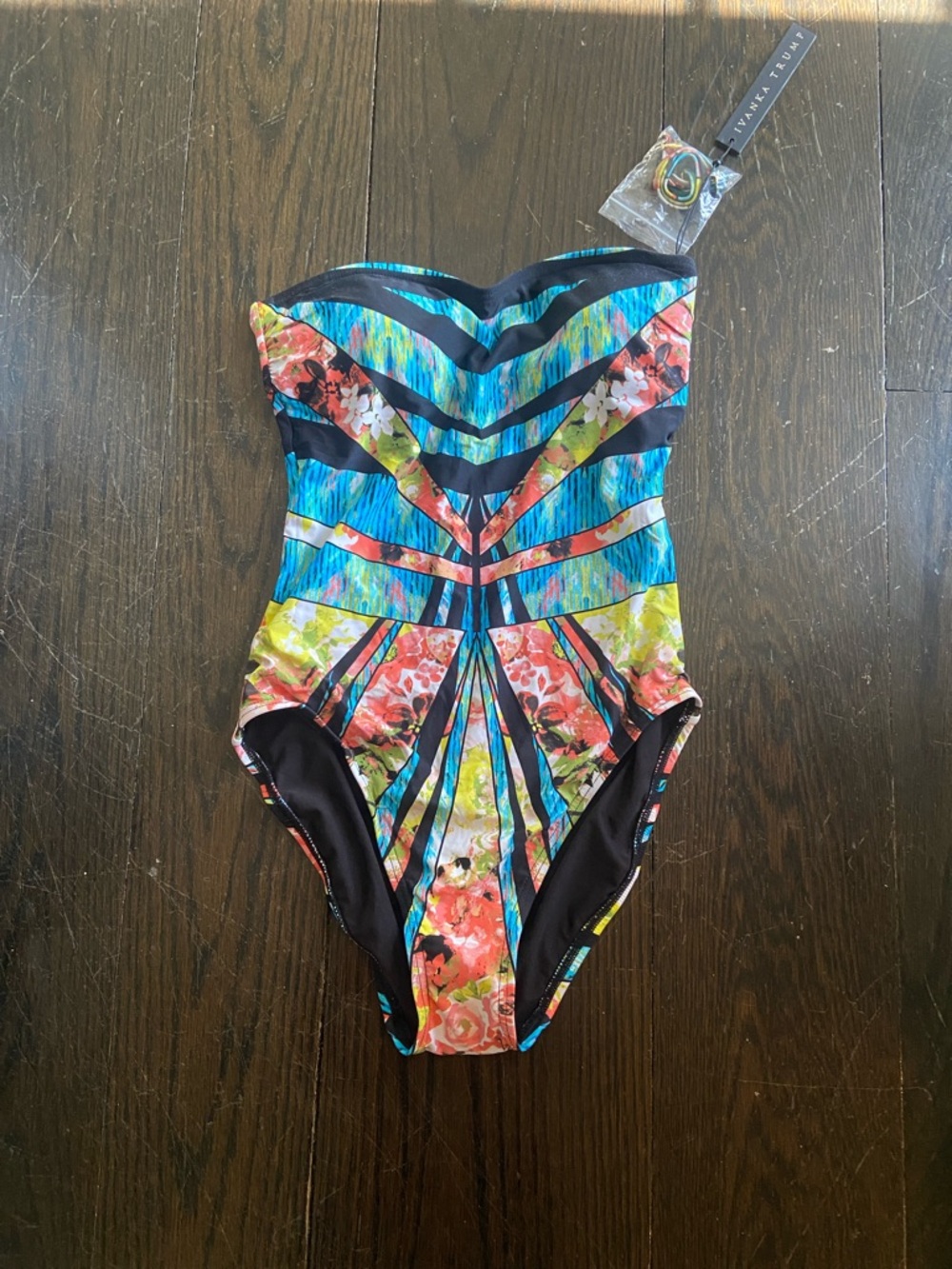 Ivanka Trump Multicolor Floral & Blue Stripe One-Piece Swimsuit